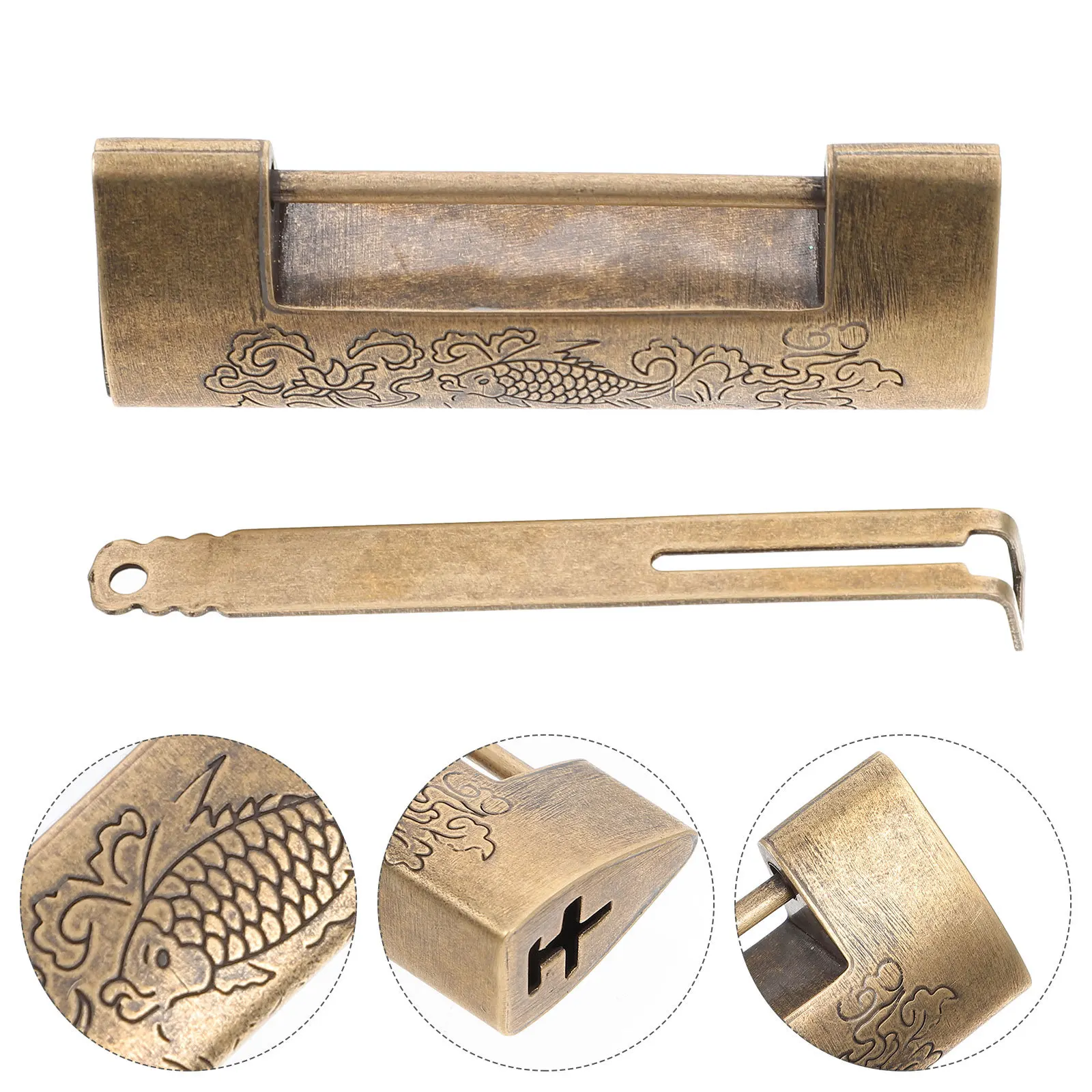 

1Set Chinese Padlock Handcrafted Carved Design Lock for Suitcase Cabinet Wooden Box Storage Decor Retro Horizontal