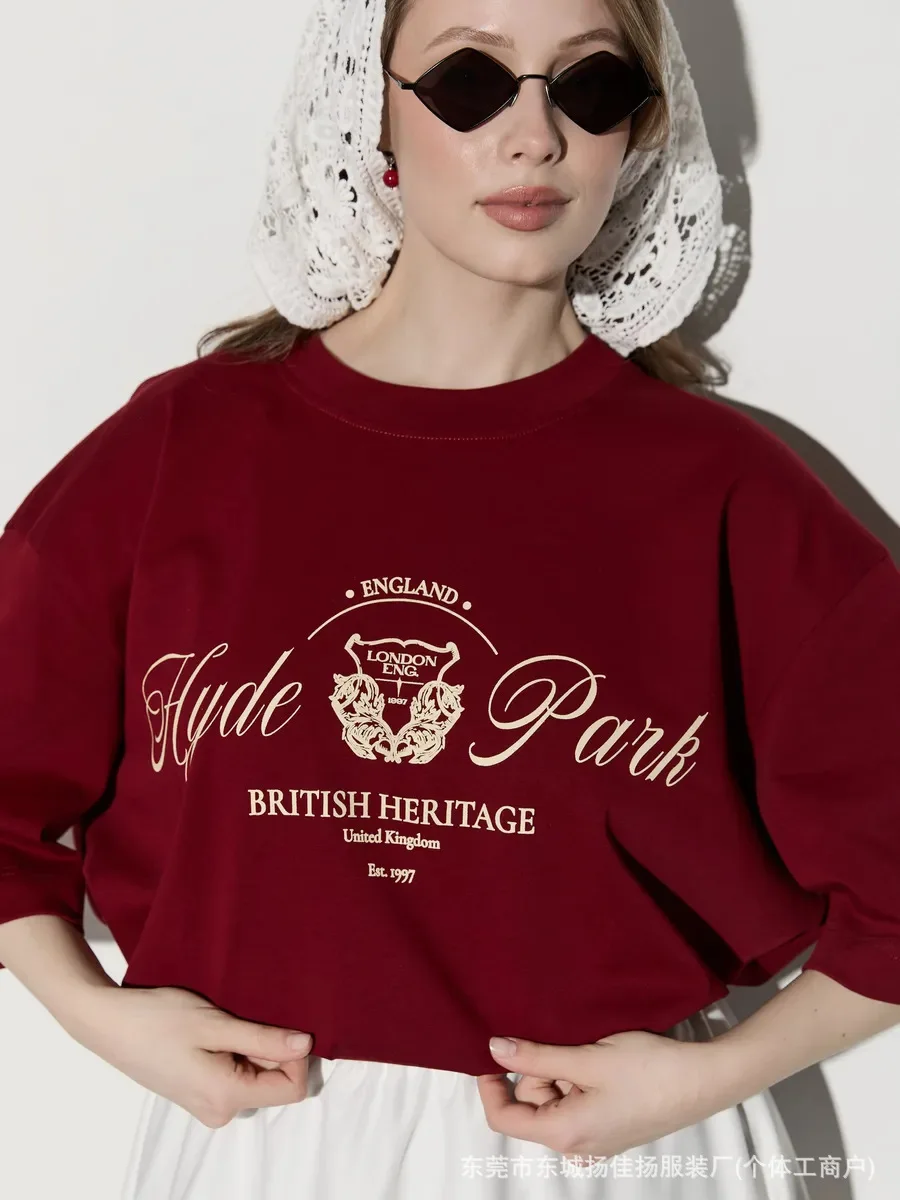 Retro British Heritage Hyde Park T-Shirt | 100%Cotton Casual Streetwear Elegant Women Holiday Fashion Sweet Tees Wine Red Summer