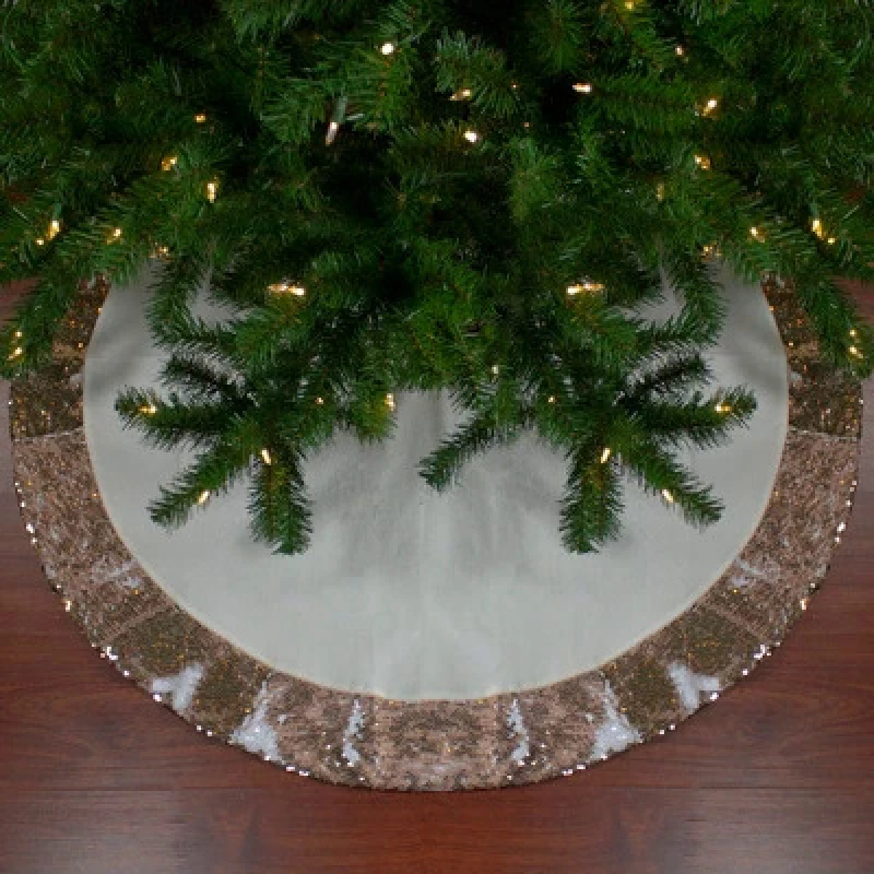 

48-inch rose gold and white double-sided sequins decorated Christmas tree skirt