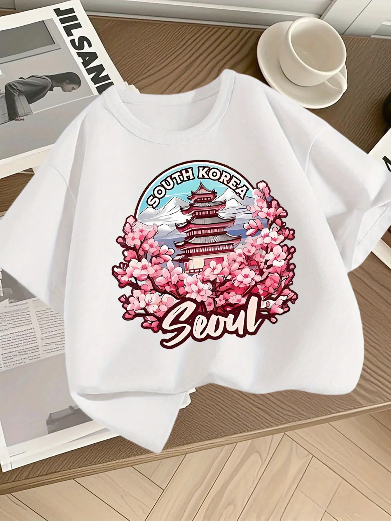 South Korea Seoul Cherry Blossom Traditional Pagoda Mountain Graphic Print Short Sleeve Tee City Theme Crew Neck Casual Daily To