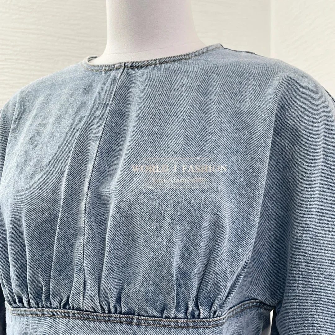 

High Quality Navy Blue Denim Jeans Long Sleeve Blouse Tops