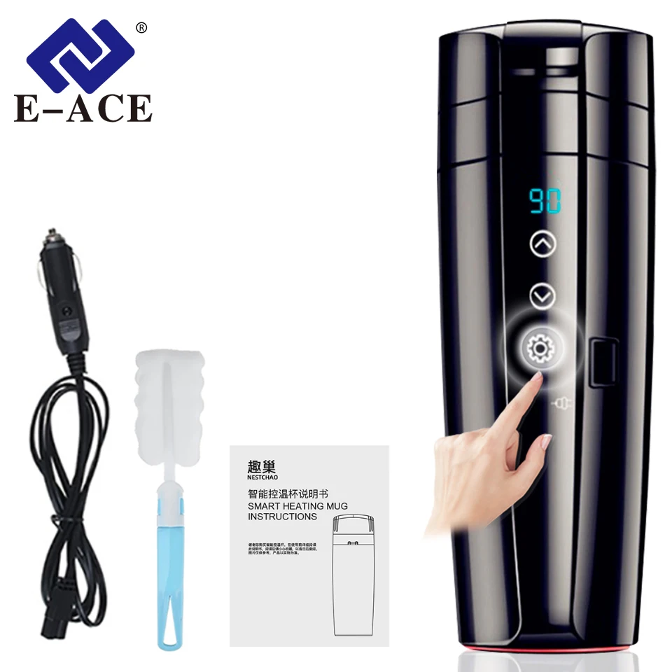 E-ACE Car Heating Cup 12V 70W Car Kettle Electric Stainless Smart Temperature Control LCD Display Stainless Steel Travel Warmer