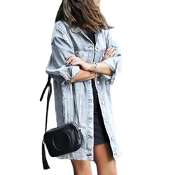 Donne risvolto nappa orlo giacche lunghe moda fori rotti monopetto Splicing Denim cappotto capispalla Casual femminile Streetwear