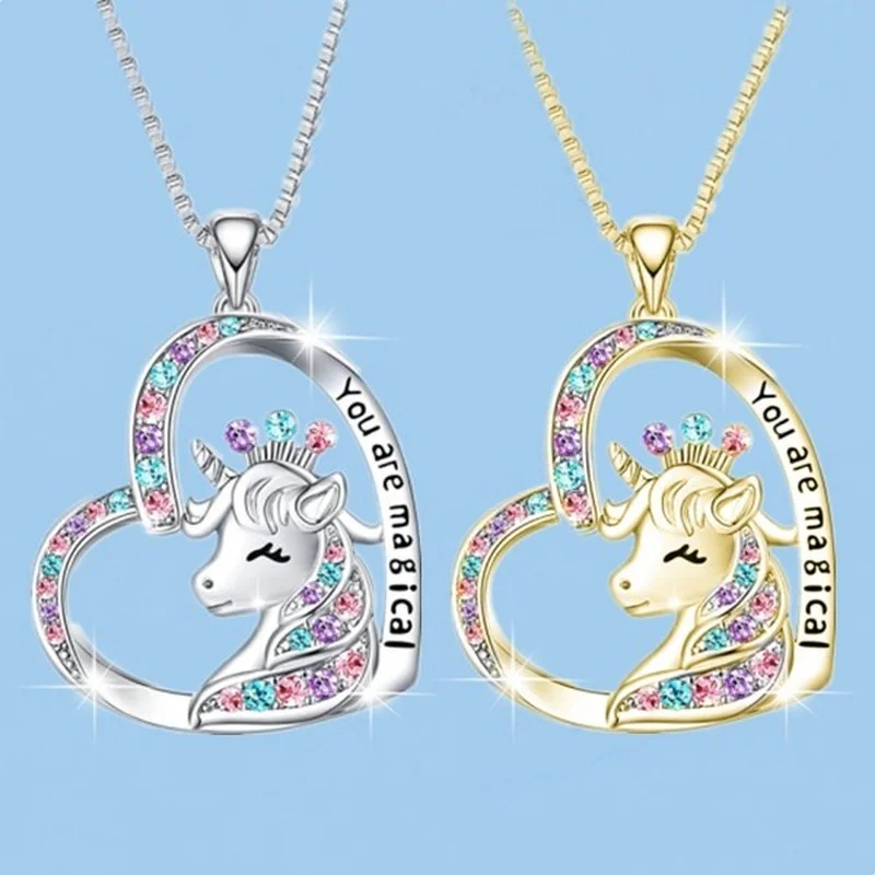 Moda requintada amor Unicórnio colar cristal Unicórnio pingente feminino Colar Animal Jóias Presente de Aniversário de Casamento colar feminino acessorios femininos