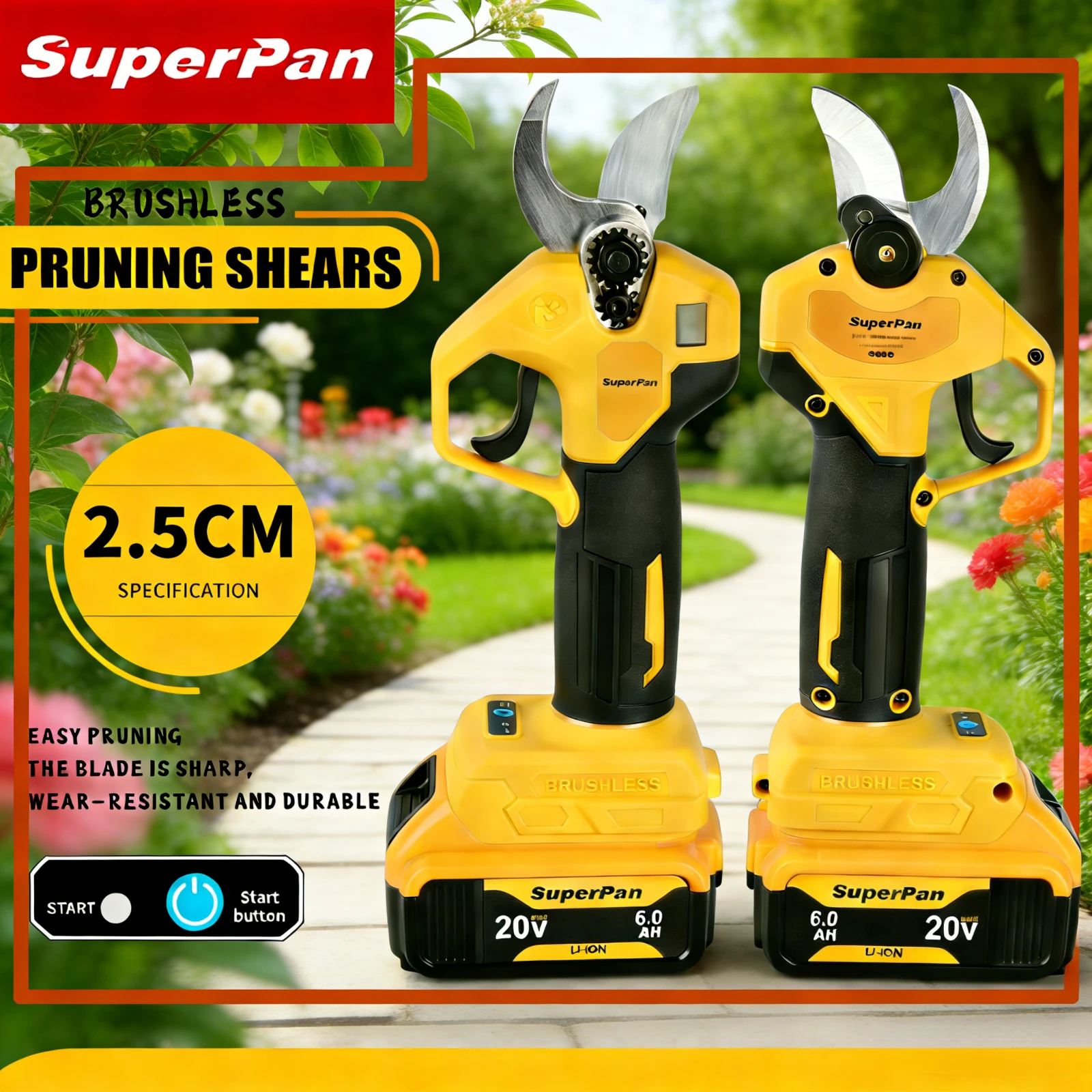 

Аккумуляторные секаторы SuperPan SK5 из высокоуглеродистой стали, 4-скоростные, для обрезки сада, совместимые с аккумулятором DeWalt 20В.