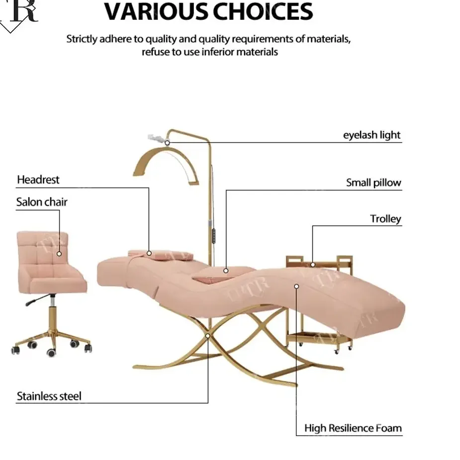 Curved Pink Eyelash Eye Lash Luxury Massage Couch Lashista Stretcher Extension Lounger Cosmetics Recliner Bed Table Chair