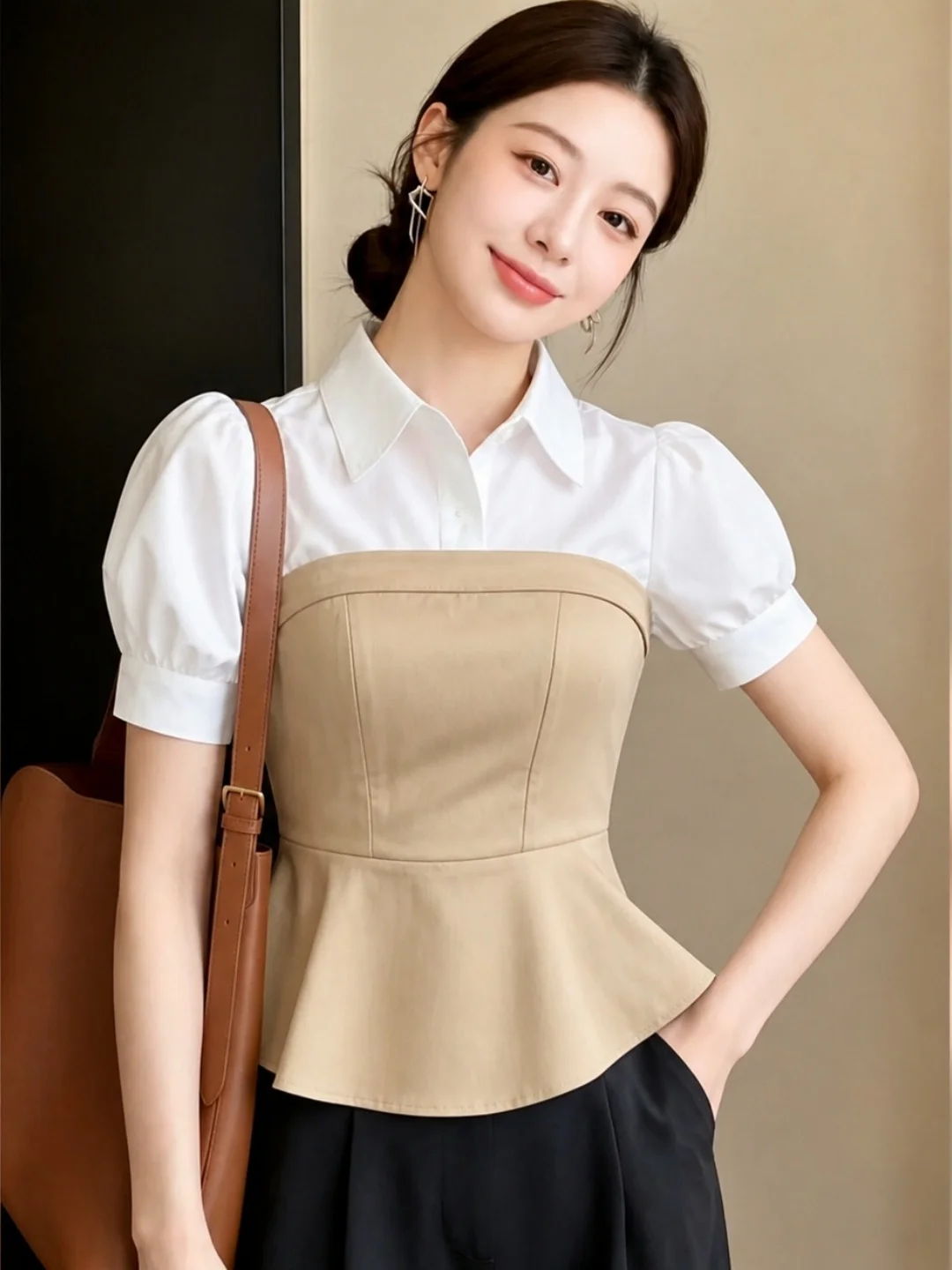

Summer 2026 Women's Shirt Slim Fit Collar Short Sleeve Color Block Design Korean Style Straight Cut Silk Top Fashionable