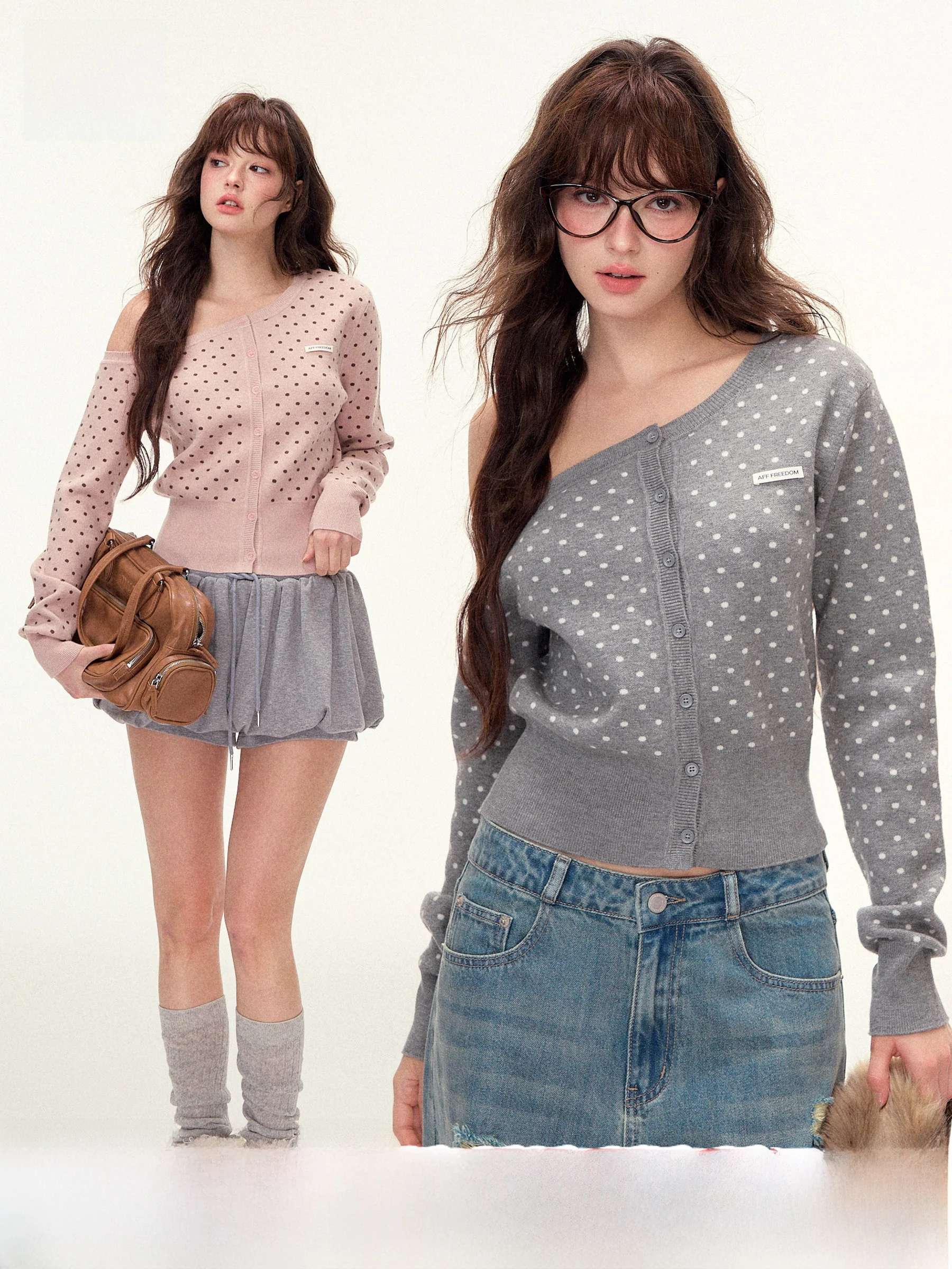 

Zhaozhao FFREEDOM Polka Dot Knitted Cardigan Women's Slim Fit Long Sve Early Autumn Double Color Soft Acrylic Sweater