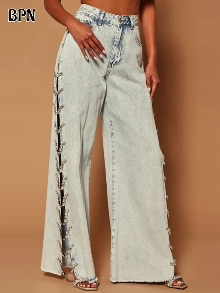 BPN Sexy Hollow Out Wide Leg Jeans For Women High Waist Patchwork Diamonds Solid Casual Loose Denim Pants Female Fashion Style