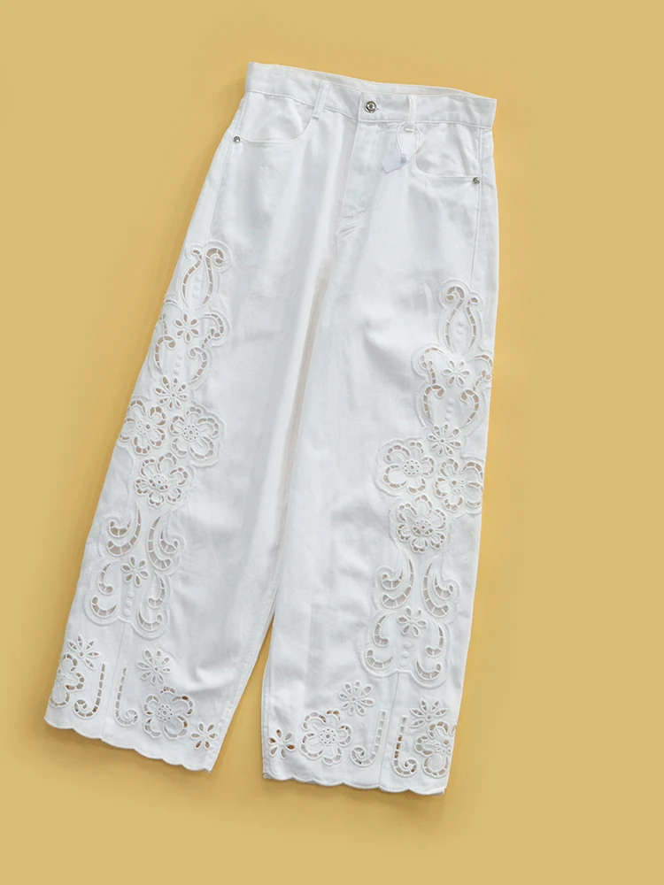 Heidd Sweet Floral Embroidery White Casual Nine-Tenths Jeans Hollow out Design Cotton Denim Skinnies for Women Summer 2026