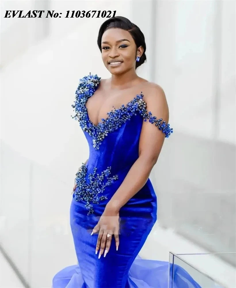 EVLAST Customized Royal Blue Aso Ebi Prom Dress Beading Velvet Mermaid Evening Gowns Ruffle Organza African Formal Dress P170