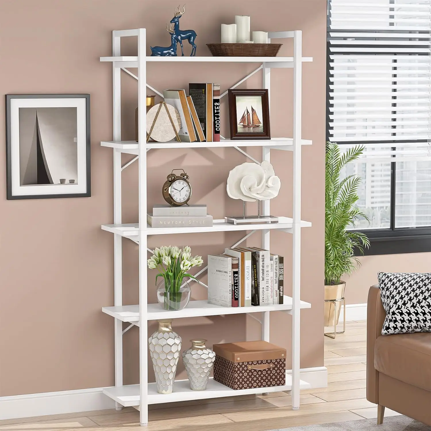 Libreria bianca a 5 livelli, libreria moderna Etagere con struttura in metallo, libreria alta per soggiorno, studio, Home Office