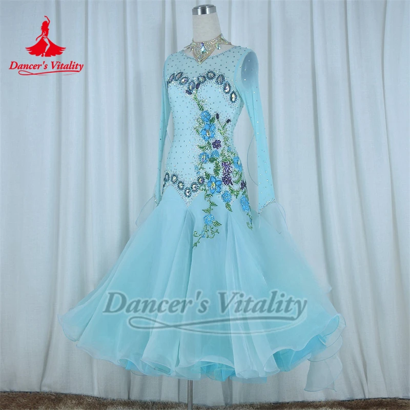 فساتين الرقص الاجتماعي القياسية باللون الأزرق الفاتح بأكمام طويلة من حجر AB للبالغين والأطفال فساتين الفالس فوكستروت أداء حيوية الراقصة