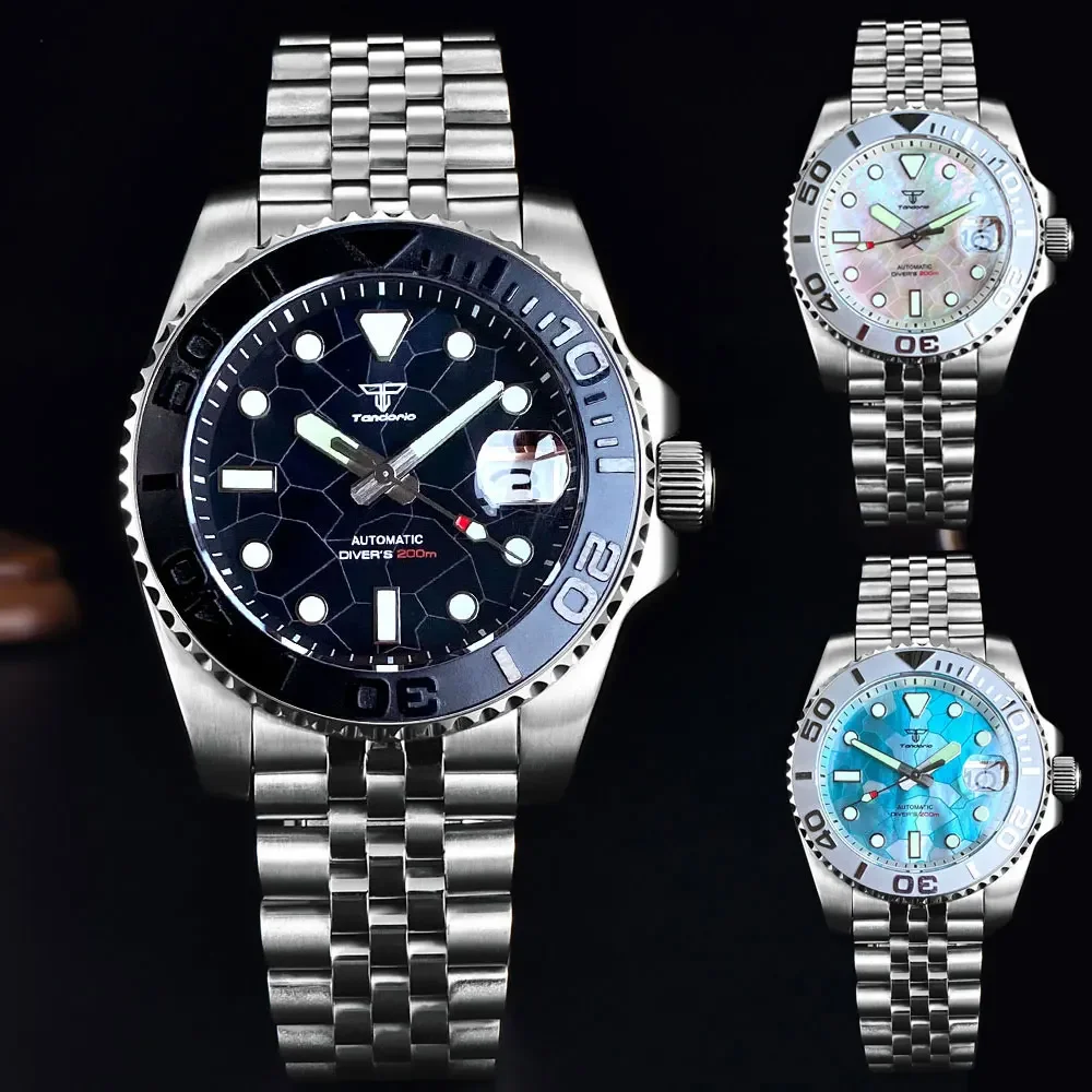 Tandorio Diver Automatic Watch for Men 40mm Mother of Pearl Dial Luminous Face NH35 20ATM 200M Waterproof Glide Lock Bracelet