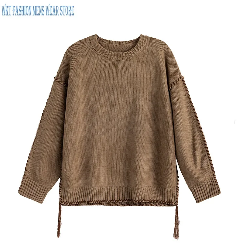 Solid Pullovers Autumn and Winter Fashion Retro Loose Hand Knitted Brown Large Sweater Men Harajuku Men's Clothing Polyester