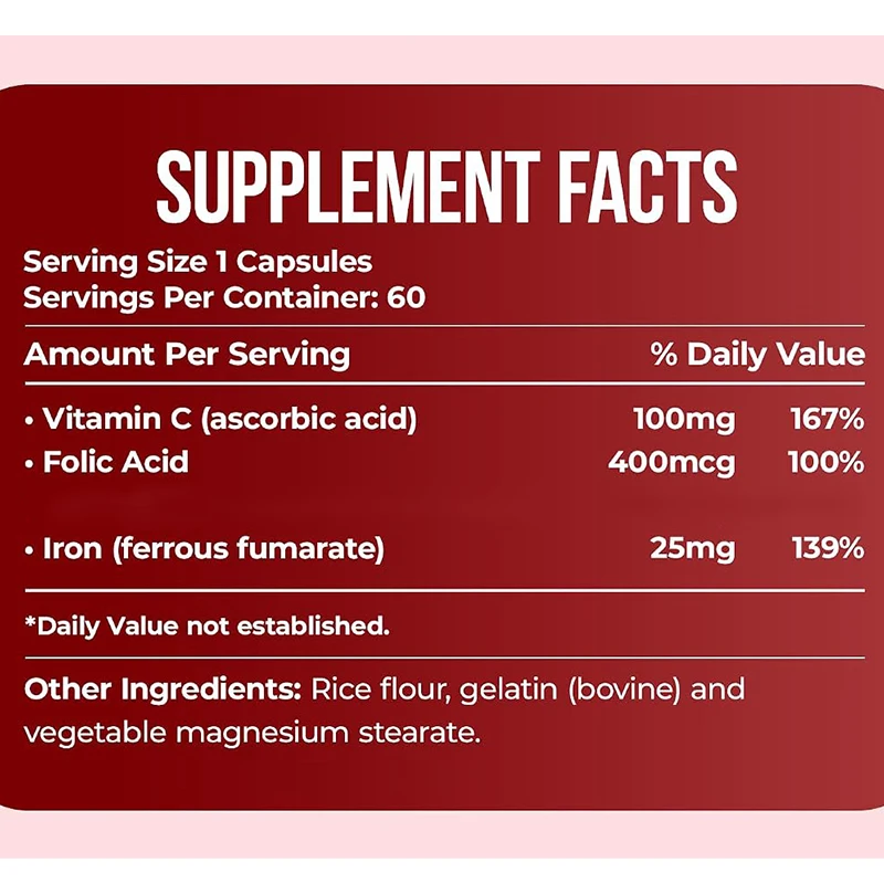 Contains Vitamins and Folic Acid. Support Red Blood Cell Generation, Iron Supplements, 60 Capsules