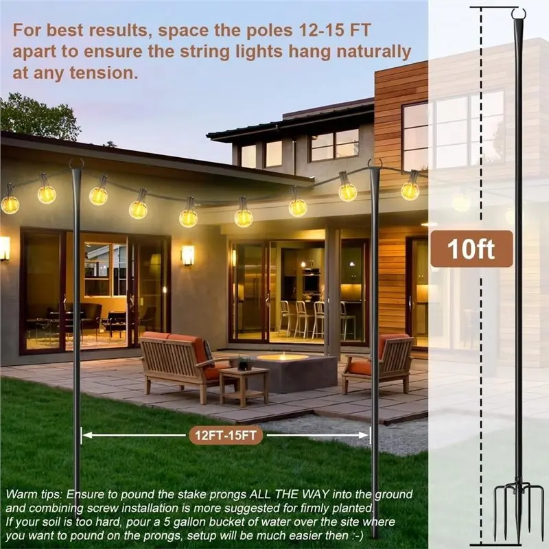 N96R Poles Stand For Deck Backyard, Outdoor Lights Pole With Fork, String Light Poles, Light Poles For Outside String Lights, 1P