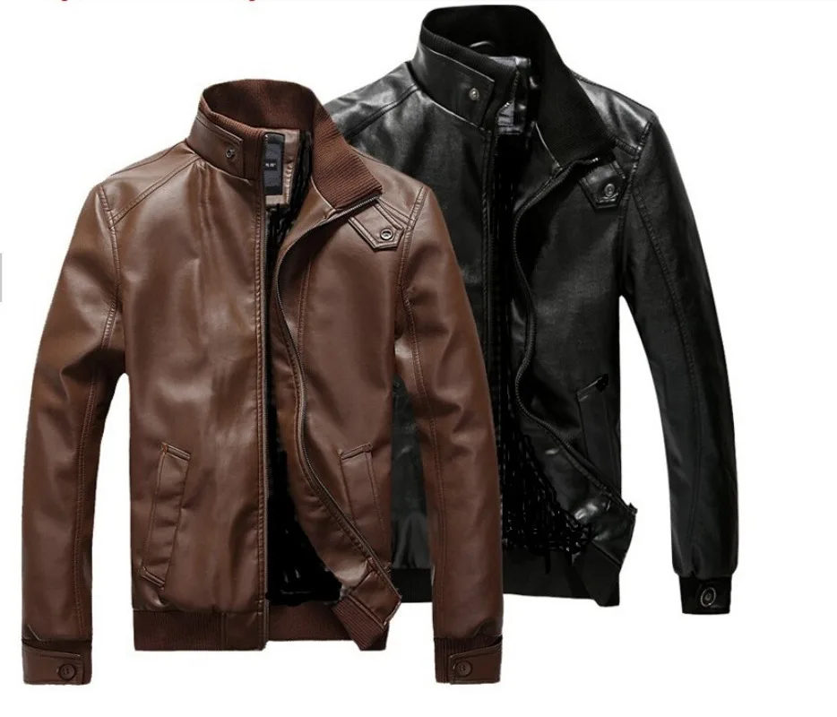 Mens Leather Jacket Slim Motorcycle Solid Long Sleeve Turn-down Collar Faux Leather Jackets Men