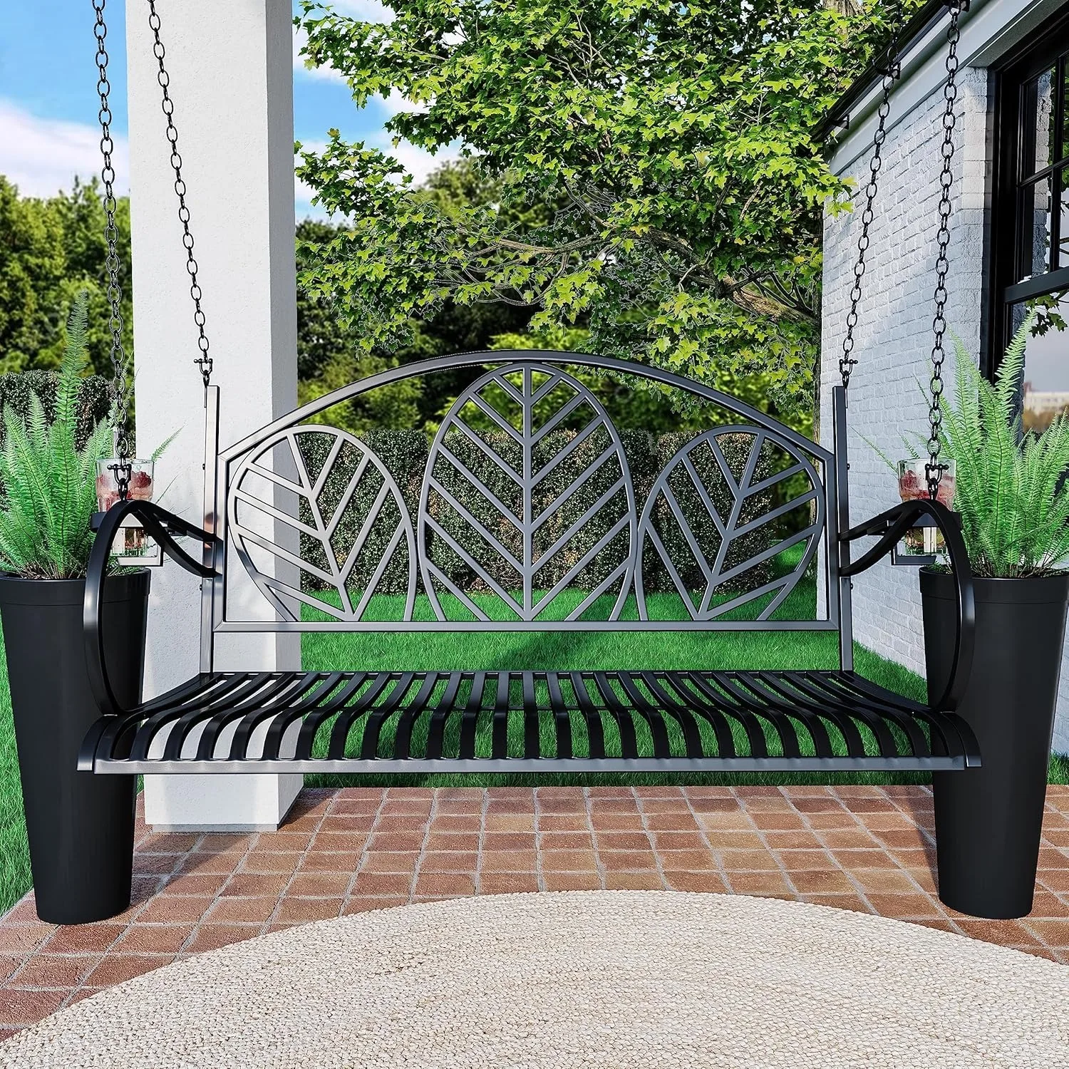 Heavy Duty Palm Springs Metal Porch Swing with Cup Holders,Sturdy and Well Constructed From Durable Iron,Accommodates Two Adults