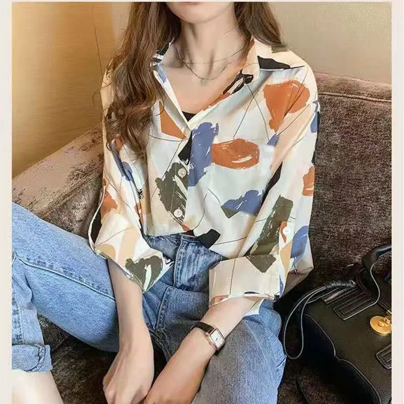 Bedrukt chiffon shirt voor dames Lange mouwen Lente Nieuwe Koreaanse stijl Modieus Eenvoudig temperament Veelzijdige losse top