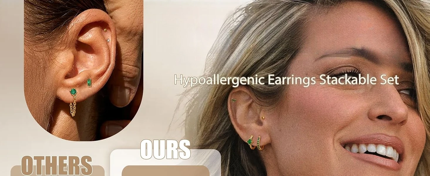 13Pcs Hypoallergenic Stud Earrings Hoop Earrings Set for Women 14K Gold-plated Flat Back Cartilage Earring for Multiple Piercing