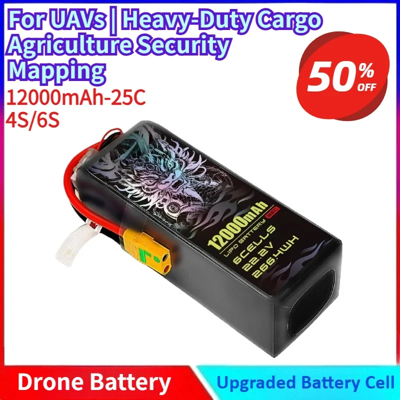

New 12000mAh 25C 4/6S 14.8V/22.2V LiPo Battery for UAVs | Heavy-Duty Cargo Agriculture Security Mapping with XT60/XT90-S Plug