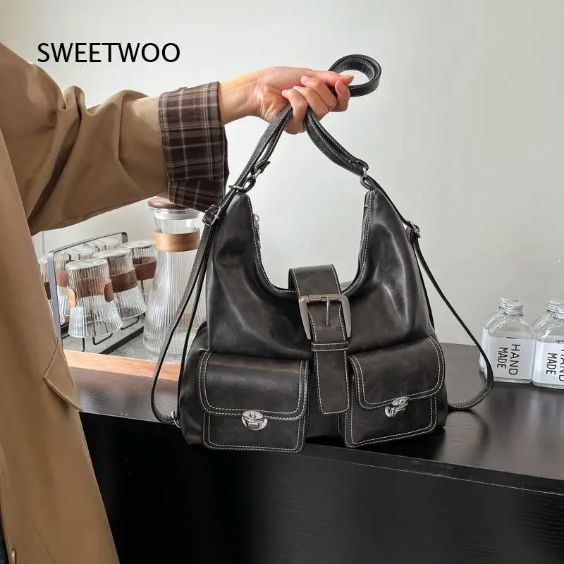 Dark Grey Distressed PU Hobo Tote Bag Double Flap Pocket Metal Buckle Moto Style Shoulder Crossbody Bag