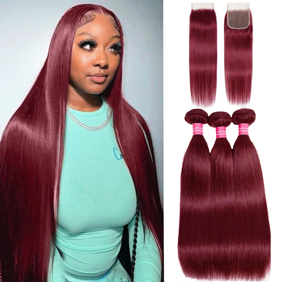 99J ตรงปิดสีน้ําตาลแดงตรงผมมนุษย์ 4x4 ปิด Burgundy Bundles Human Hair