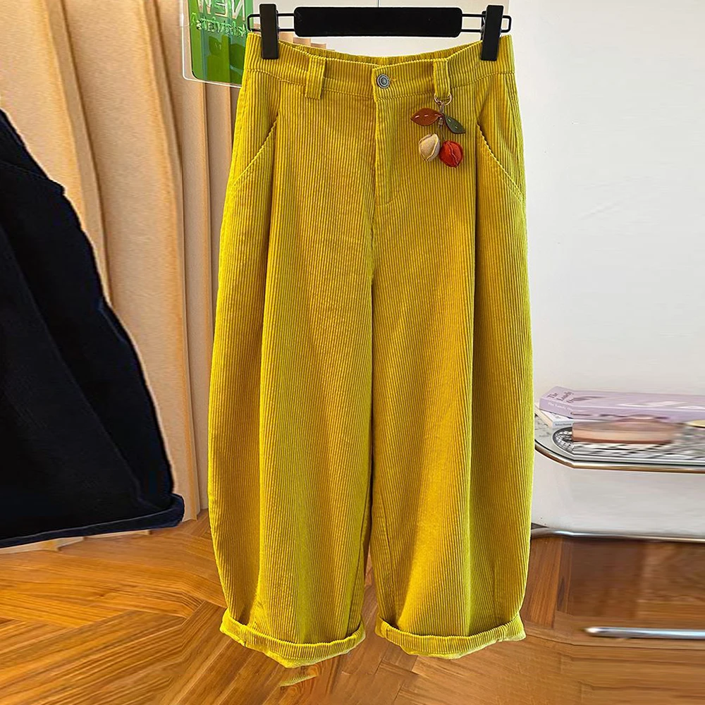 High-end yellow corduroy pants women's 2025 new autumn loose casual high-end high-end cropped pants