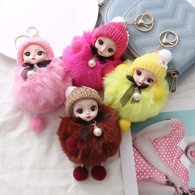 Cute Plush Keychain Imitation Rex Rabbit Fur Ball Keyring Big Eye Doll Pendant Fashion Car Bag Charm