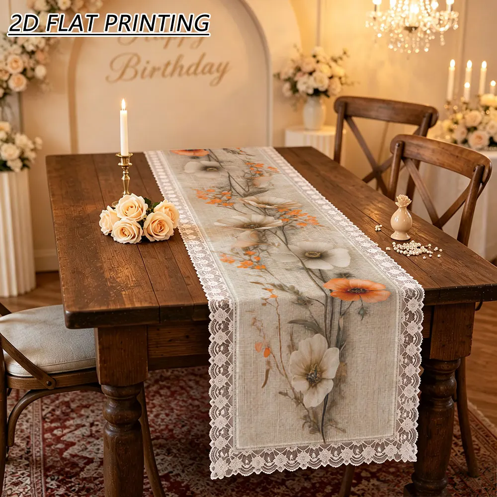 1pc Autumn Poppy Floral Pattern Tulle Lace Table Runner For Home Decor Wedding Party