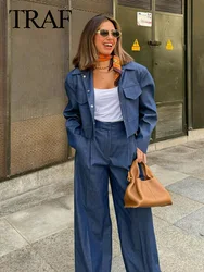 TRAF Autumn Fashion Women Elegant Blue High Waist Pants+Female Long Sleeve With Pockets Cropped Coat Two Pieces Set Streetwear