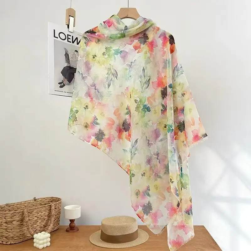 Colorful Floral Printed Silk Scarf Shawl Korean Style Long Gauze Scarf Women Spring Summer New Beach Sunscreen Versatile Wrap