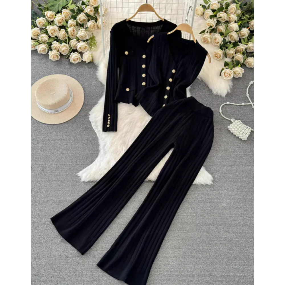 Korean Office Lady\'s Knit Outfit V-Neck Long Sleeve Slim Single Breast Sweater Cardigan With Vest And Wide Leg Pants 3-Piece Set