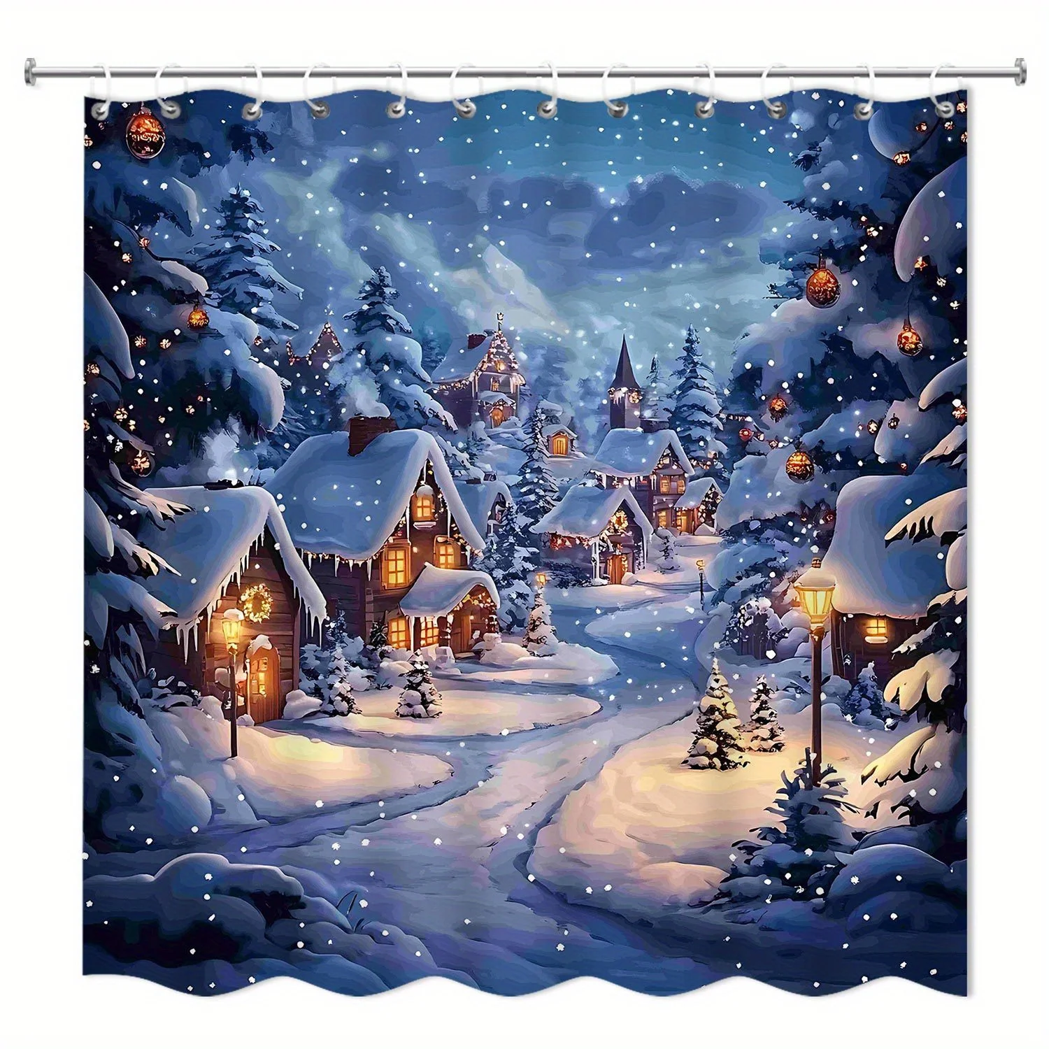 1pc 2D Flat Shower Curtain, Snowy Village Winter Wonderland Printed Shower Curtain, Decor for Bathroom