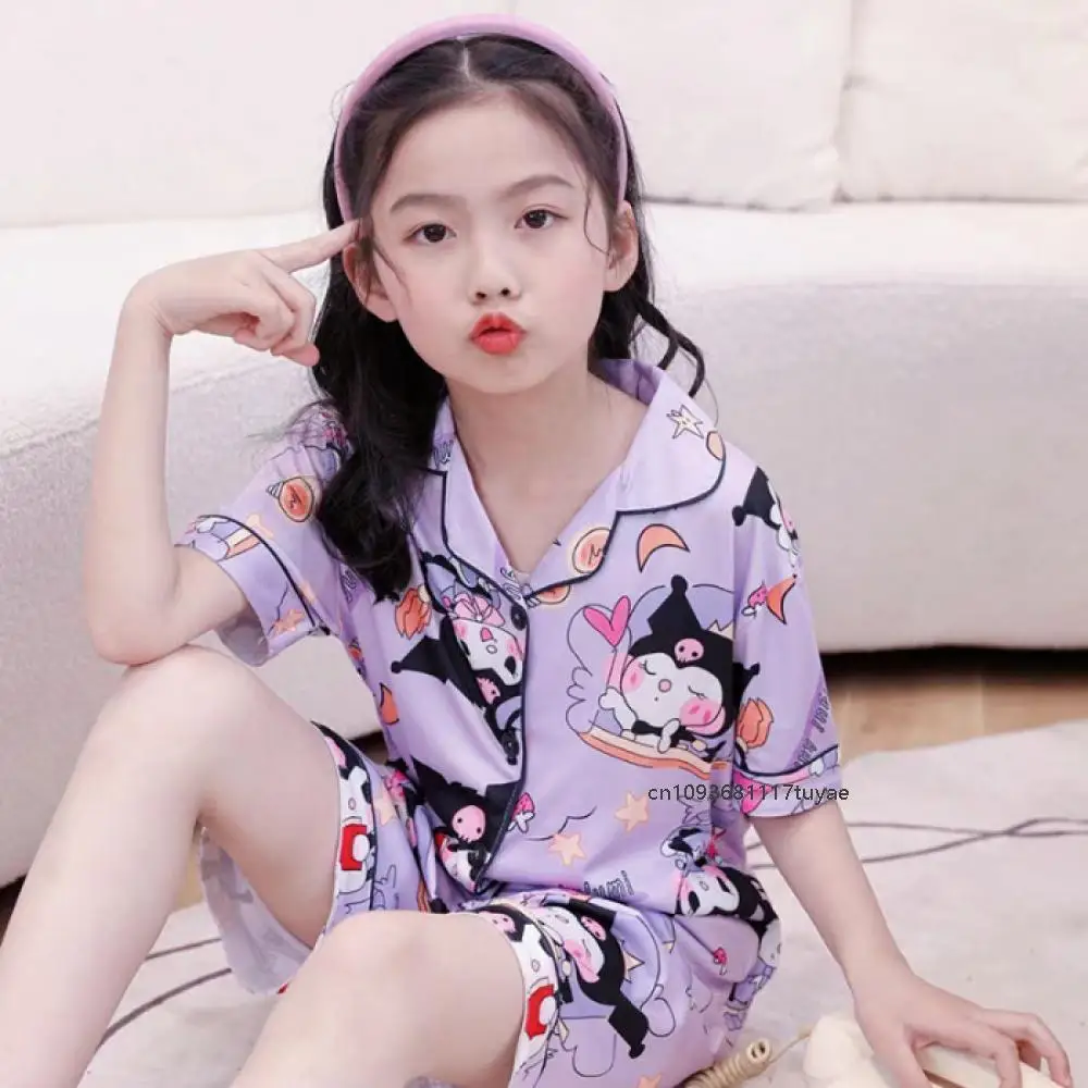 

Kawaii Kuromi 2Pcs Children Pajama Set Hello Kitty Cinnamoroll Cartoon Anime Sanrio Cute Short Sleeve T-Shirt Tops Pants Pijamas