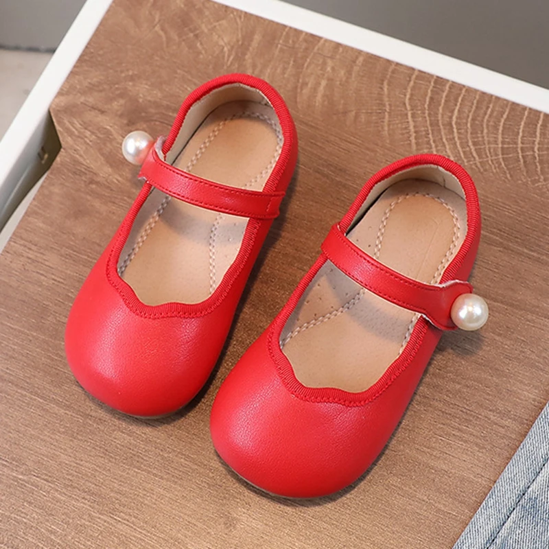 Sepatu mutiara padat anak perempuan balita/gaun Angela kecil Mary Jane sepatu Flat balet Retro merah anak perempuan pesta pernikahan sepatu datar balerina