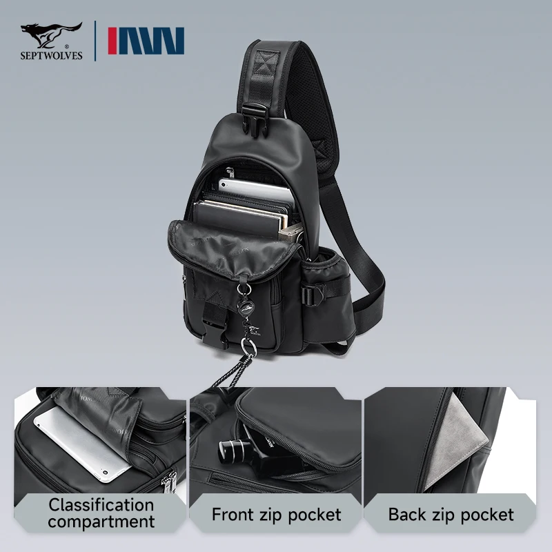 Septwolves Large Capacity Men Leather Sling Bag Travel Chest Pack One Shoulder Backpack Waterproof Crossbody Bag iPad Slingbag