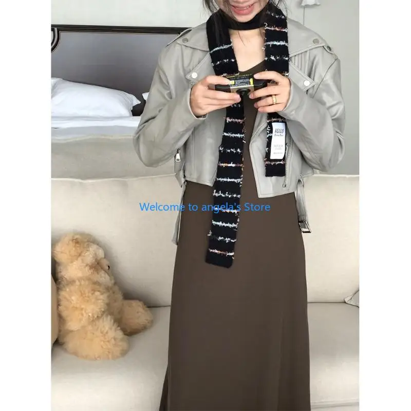 X4YC Winter Harajuku Scarf Fashion Knit Striped Scarf Women Outdoor Decorative Scarf