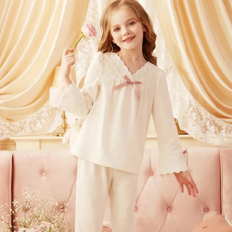 Cute Solid Color Lace Girls Long-sleeved Pajamas Set Spring Autumn New Children's Home Clothes Baby Girl Pure Cotton Pajamas Set
