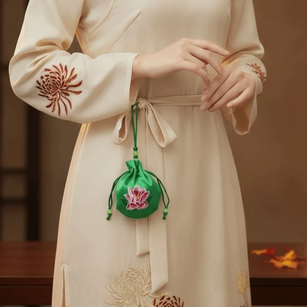 Lotus Embroidery Embroidered Sachet Drawstring Closure Silk Satin Lotus Drawstring Bag Mini Size Neck Strap