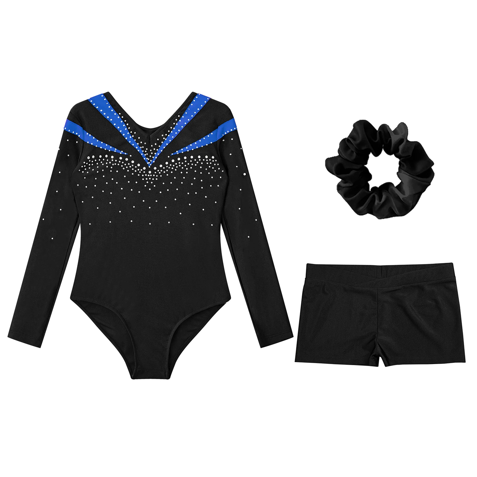 Justaucorps de gymnastique avec biscuits pour enfants, costume de performance de patinage de ballet, costume de batterie brillant, manches longues, col en V, tenue avec short, filles