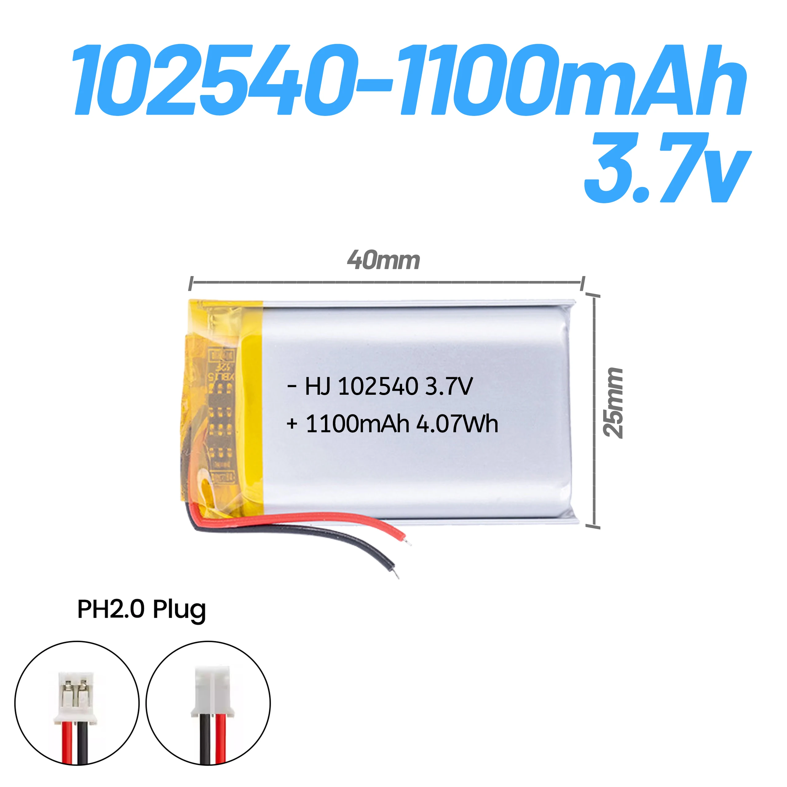 2026 3.7V 1100mAh polymer rechargeable lithium battery 102540+PCB ph2.0 plug for wireless Bluetooth earphone beauty device