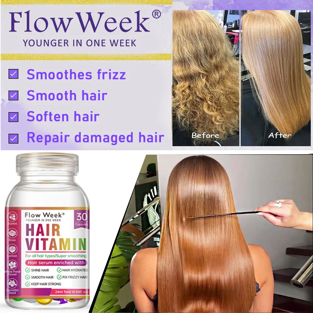 FlowWeek Hair Vitamin Capsule Smooth Silky Hair Mask Keratin Complex Oil Repair Curl Damaged Dry Hair Serum Hair Oil Hair Care