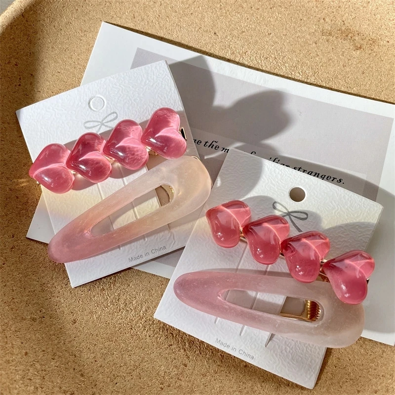 2Pcs/Lot Fashion Pink Gradient Love Heart Jelly Duckbill Clip Set For Girl Hairclip Side Clip Barrettes Women Hair Accessory