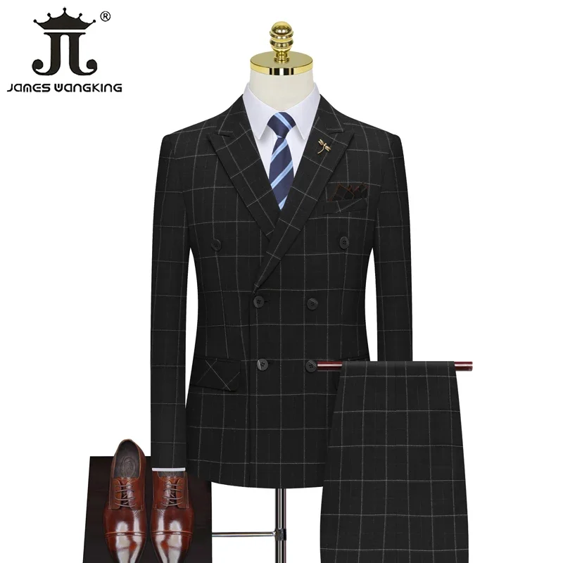 ( Blazer + Vest + Pants )  Brand Business Plaid Mens Formal Suit 3pce Set Groom Wedding Dress Double Breasted Slim Business Suit