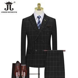 ( Blazer + Vest + Pants )  Brand Business Plaid Mens Formal Suit 3pce Set Groom Wedding Dress Double Breasted Slim Business Suit