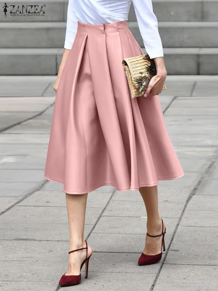ZANZEA Fashion Women High Waist Solid Satin Skirts Summer Overskirts Elegant A-line OL Work Faldas Saia Casual Party Midi Skirt