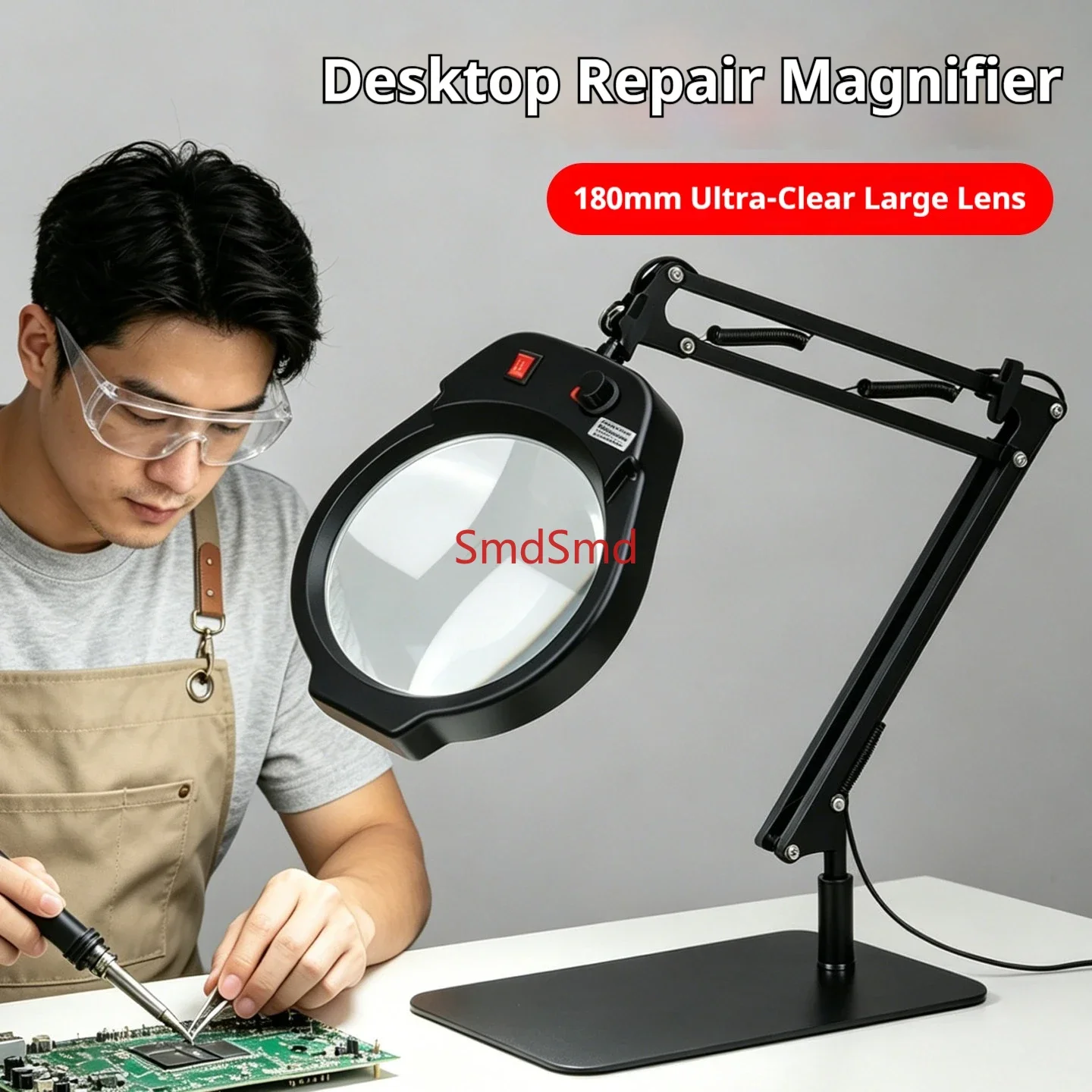 Desktop magnifying glass desk lamp with light for reading, jewelry appraisal, electronic repair, special 180mm large lens