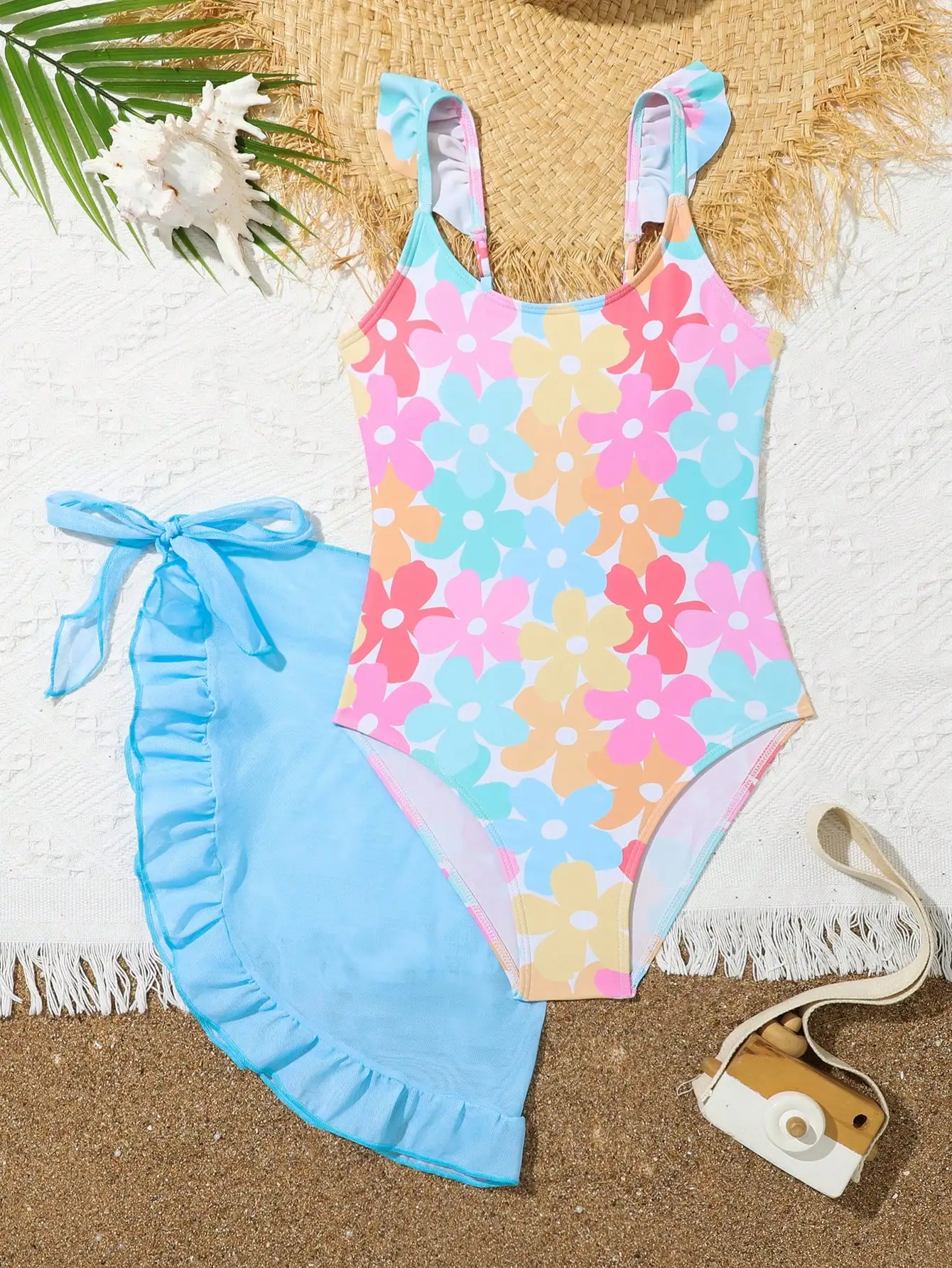 Women One Piece Swimsuit With Colorful Floral Print And Ruffle Skirt